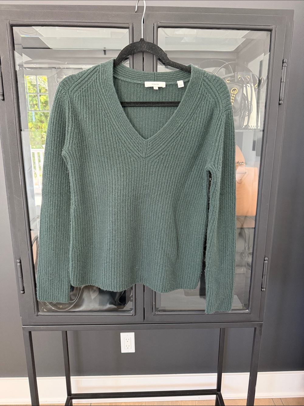 Vince Deep Forest Green Ribbed V-Neck Sweater